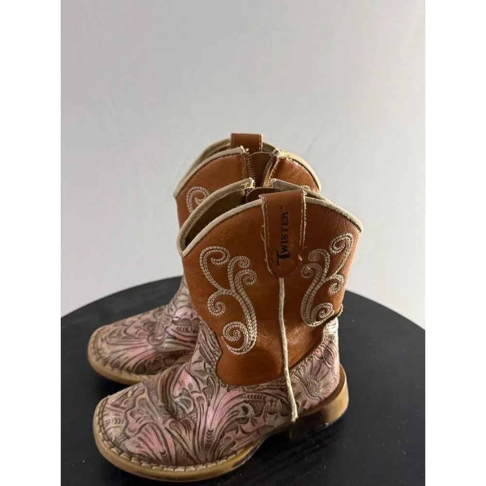 Twister Girls Pink Floral Western Cowboy Boots Brown Embroidered Size 7